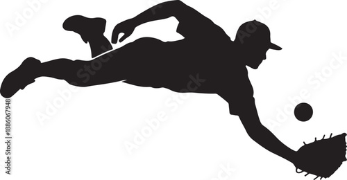 Dynamic Baseball Player Catching Ball in Mid-Air Silhouette Illustration