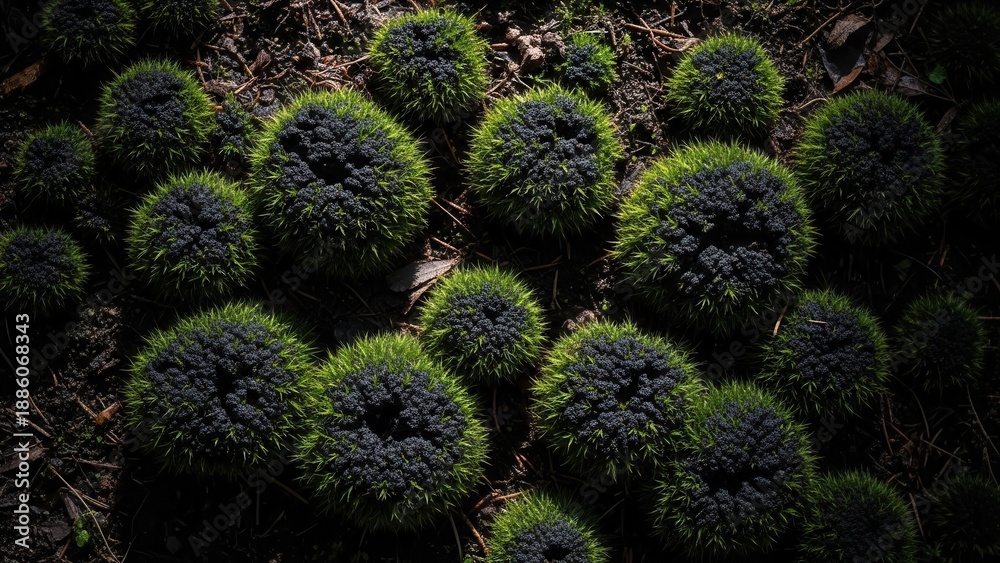 Obraz premium Close Up Of Green Spiky Seed Pods On Dark Earth