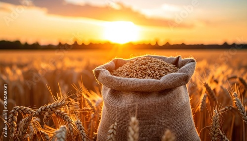 Burlap Sack Full of Golden Wheat Grains in a Sunny Harvest Field at Sunset