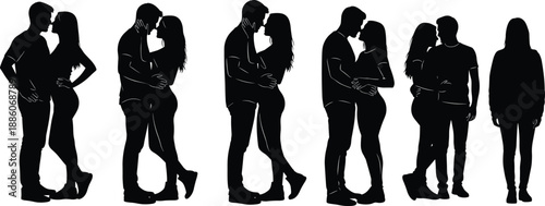 Silhouettes of couples kissing, hugging, embracing, and individuals standing alone, symbolizing romance, affection, companionship, solitude, lifestyle, and relationships