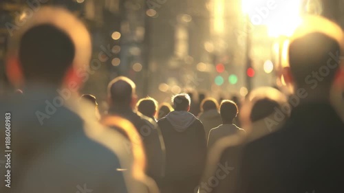 Diverse crowd of pedestrians walking along a sunlit street, with soft focus on individuals, capturing the movement and energy of urban life in a bustling city scene