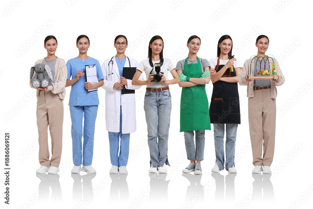 Fototapeta premium Choice of profession. Same woman representing different occupations. Collage of portraits on white background