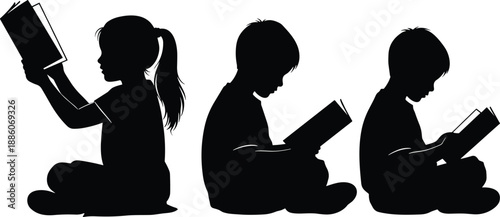 Silhouettes of children sitting and reading books, symbolizing education, literacy, learning, childhood development, study habits, and knowledge concepts