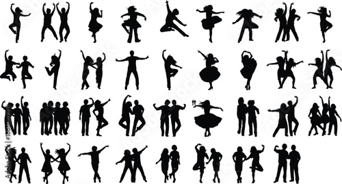 Silhouettes of diverse dancers in expressive poses showcasing ballet, hip-hop, contemporary, ballroom, and energetic dance styles for artistic concepts