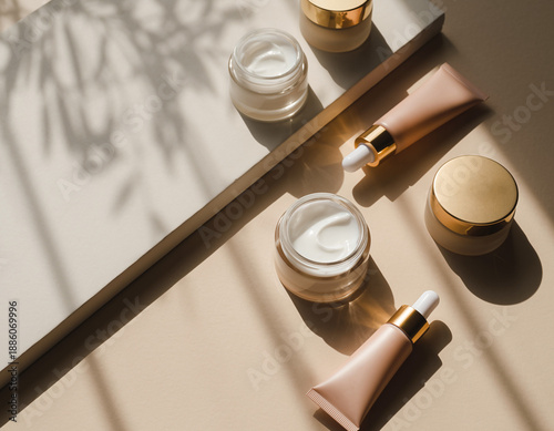 Skincare routine flat lay, minimal products, neutral background, soft lighting, luxury 