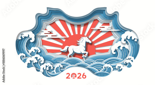 Paper cut art of a white horse with a rising sun and ocean waves for the year 2026.