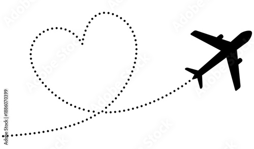 Travel route map with airplane icon and dotted flight path. Vector plane silhouette following dashed trail with heart shape for tourism itinerary and trip design.
