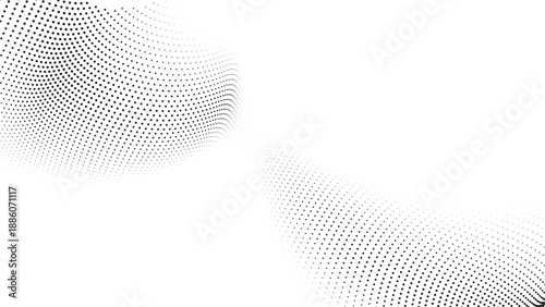 Abstract black halftone corner wave vector illustration with dotted texture forming modern framing composition on white background for branding and layouts