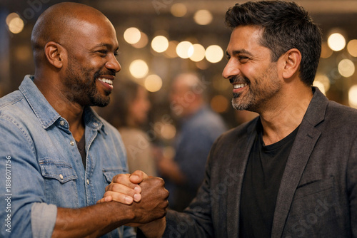  two happy men from diverse backgrounds shaking hands warmly