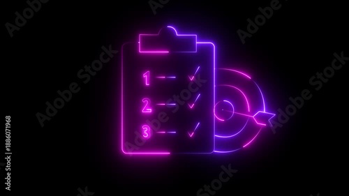 Neon animated clear goals linear icon featuring a glowing checklist with checkmarks, symbolizing business objectives, task management, planning, productivity, and achievement. Clean neon line