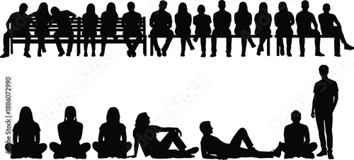 Silhouettes of diverse people standing together in a row, symbolizing individuality, fashion, lifestyle, teamwork, community, unity, diversity, and human identity