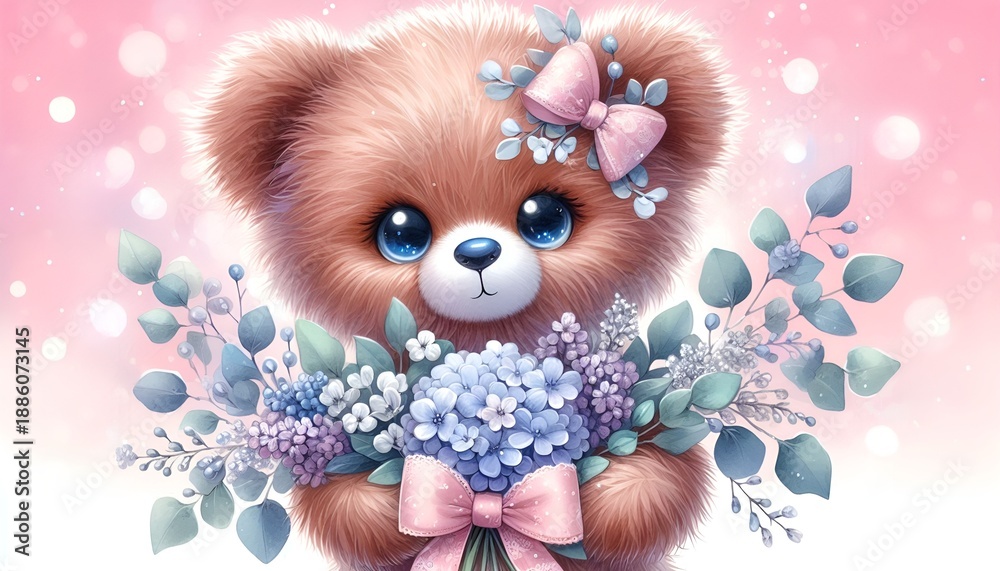 Fototapeta premium cute teddy bear with flowers