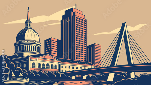 Boston skyline showcases diverse architecture with boats and bridges. Ideal for travel magazines, postcards, city guides, websites, and brochures.