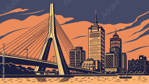 Boston skyline and bridge with city skyscrapers and boats on water. Ideal for travel brochures, city guides, or website banners.
