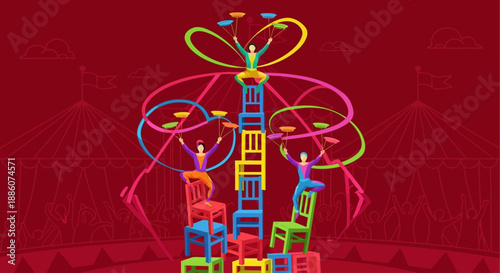 Vibrant abstract illustration of dancing figures with colorful ribbons and geometric shapes