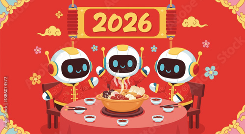 Three robots celebrating Lunar New Year together with traditional meal and decorations