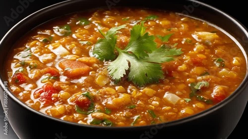Close-up of a bowl filled with a hearty stew, garnished with fresh green herbs