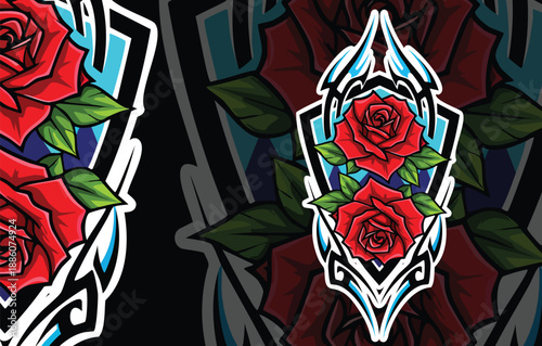 Ornamental Rose Flower Shield Mascot Vector Design with Blue Highlights and Detailed Floral Background