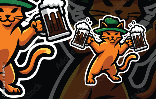 Happy Cartoon Cat Mascot Holding Beer Steins Vector Illustration for Bar, Pub, or Oktoberfest Design