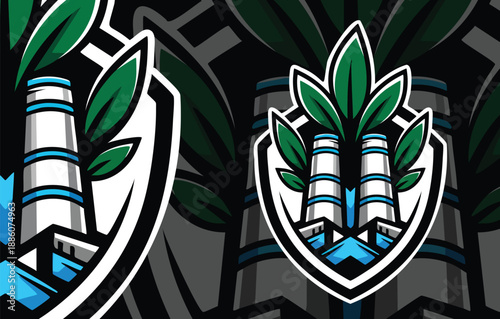 Clean Manufacturing Vector Logo: Industrial Buildings Surrounded by Lush Green Plants and Foliage