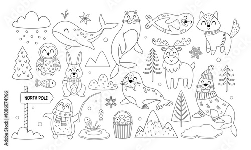 Arctic animals coloring page, Cute polar character outline, Winter coloring for kids and adults, North pole doodle, Cartoon digital stamp.