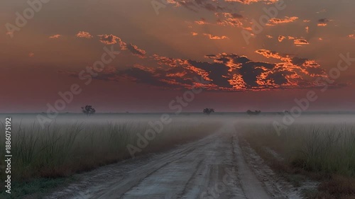 A dusty road through a field at dusk. The sky is filled with colored clouds. Fog in the distance