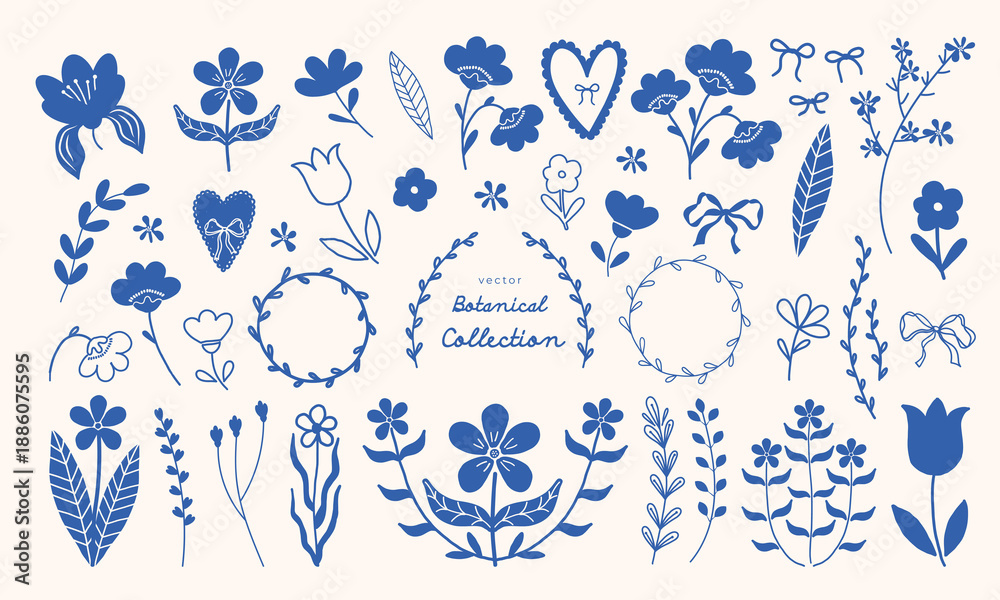 Obraz premium Doodle hand drawn abstract flowers set with whimsical hearts and bows. Monochrome botanical floral elements. Vector blue silhouettes