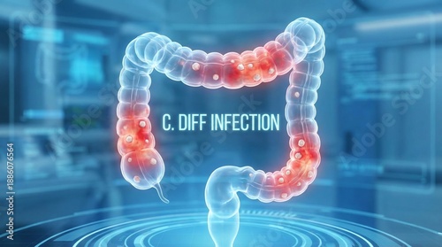 Medical illustration of Clostridioides difficile infection in the human colon