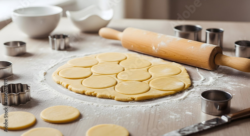 Rolled cookie dough displays cut circles with metal.