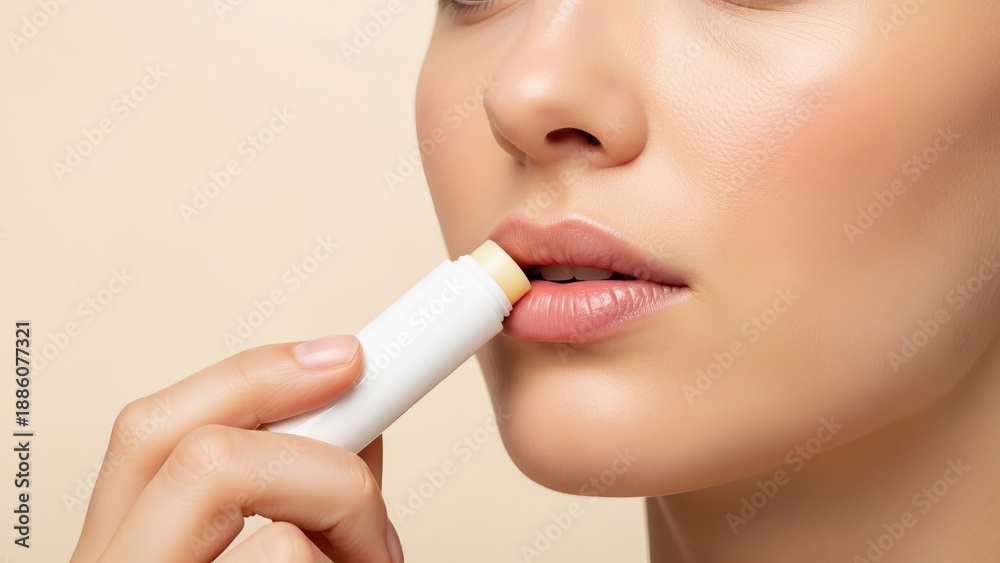 Naklejka premium Woman applying lip balm for soft hydrated lips