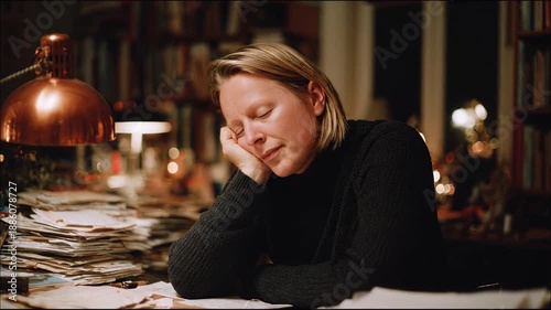 A woman rests her head on her hand at a desk. Bookshelves and a lamp add depth to the setting