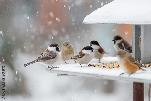 Variety of small wild birds gathering at a wooden bird feeder during a heavy winter snowfall. Group of chickadees and sparrows eating seeds on a snowy day, winter wildlife and nature care concept.