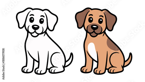 A simple illustration shows a cute cartoon puppy in two versions: one outlined for coloring and another fully colored in brown and white, symbolizing creativity and pets.