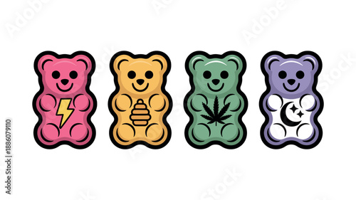 A row of four colorful gummy bear candies, each with a distinct symbolic icon on its chest, against a white background.