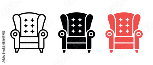 Three stylized icons of a wingback armchair in outline, solid black, and red.