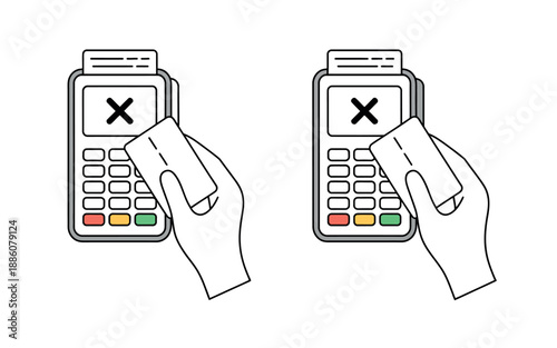 Two payment terminals display a red cross, indicating a failed transaction or declined card.