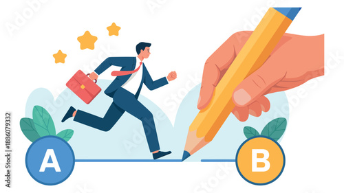 A businessman's journey from point A to point B is guided by a giant pencil, illustrating strategic planning and goal achievement in business.