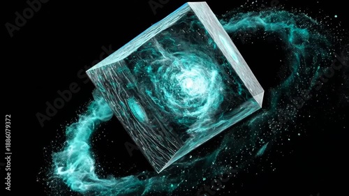 A geometric cube containing swirling teal energy. Emanating energy trails with a swirling vortex core