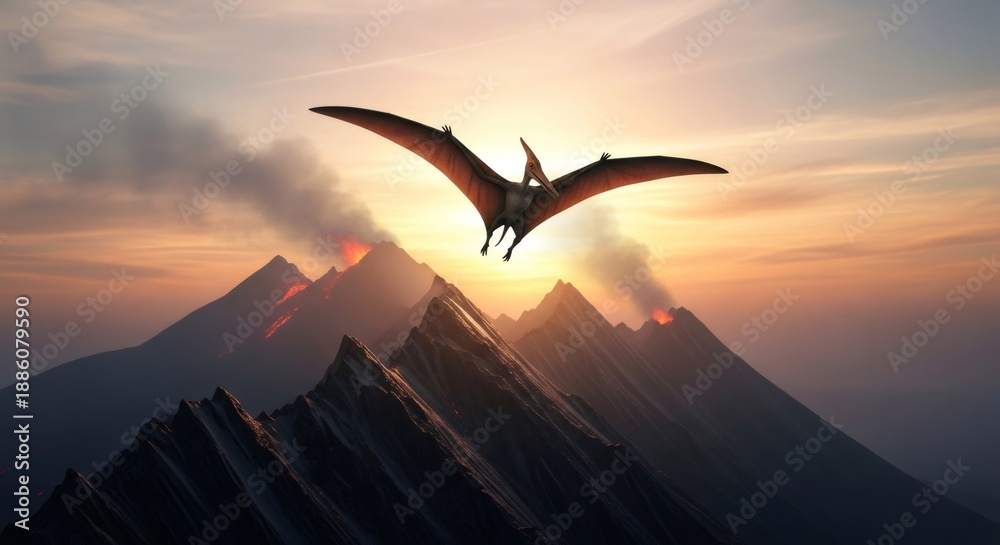 Fototapeta premium Pterosaur flying over active volcanoes at sunset. Prehistoric landscape with pterodactyl. Jurassic period, dinosaur era.