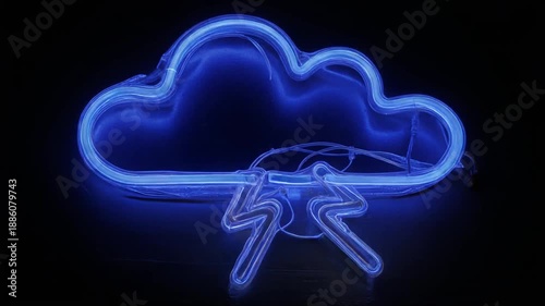 Illuminated neon cloud with lightning bolts on dark backdrop. Modern, bright design, minimalist aesthetic