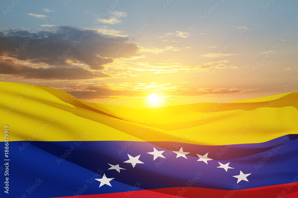 Fototapeta premium Venezuela flag on background of sunset sky. Patriotic concept. Banner with place for text.