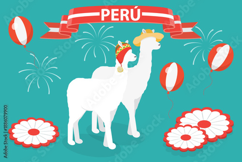 3D Isometric Flat Vector Illustration of Peruvian Independence Day, With Flags and National Attributes