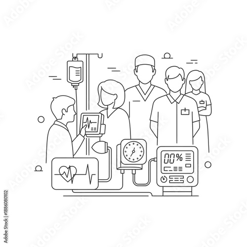 Medical team attending to a patient in a hospital setting.