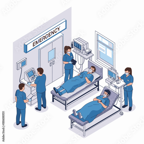 Medical staff attending to patients in an emergency room setting.