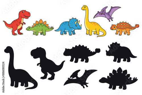 Colorful cartoon dinosaurs with black silhouettes on white background  