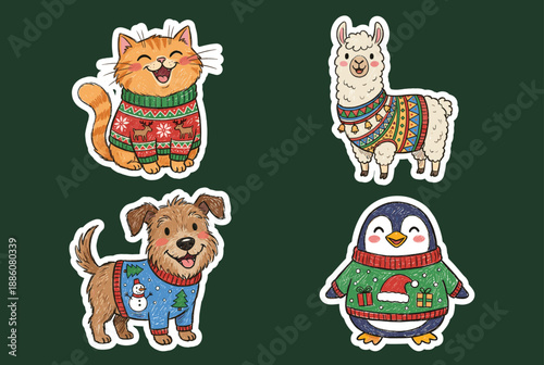 Cute animals in festive sweaters on green background  