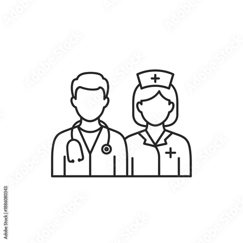 Line art illustration of a male doctor and a female nurse, representing healthcare professionals.