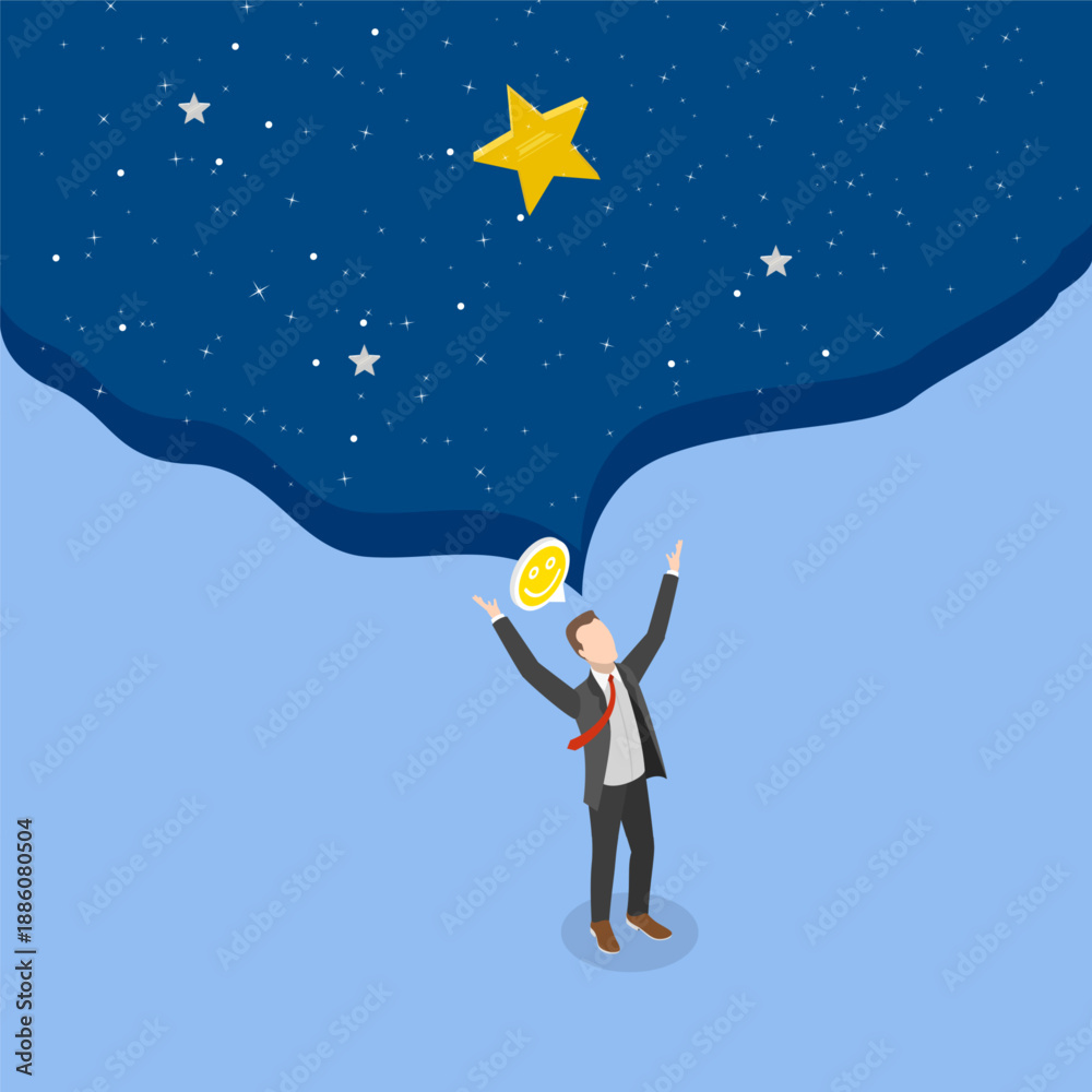 Fototapeta premium 3D Isometric Flat Vector Illustration of Dream Big, Man Standing With Arms Outstretched Under Vast Open Space