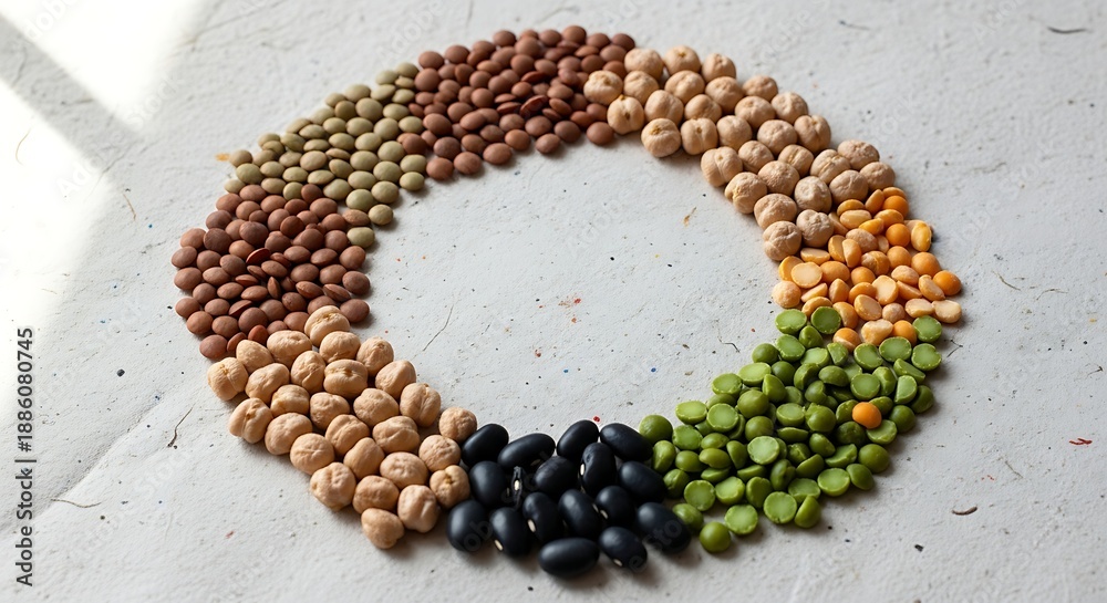 Obraz premium Circle of assorted dry legumes and lentils, including chickpeas, black beans, split peas, and other beans, arranged on a textured surface
