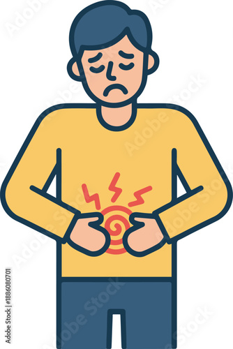 Vector flat illustration of a man suffering from stomach pain, holding his abdomen with a red spiral and jagged lines indicating severe cramps or indigestion.